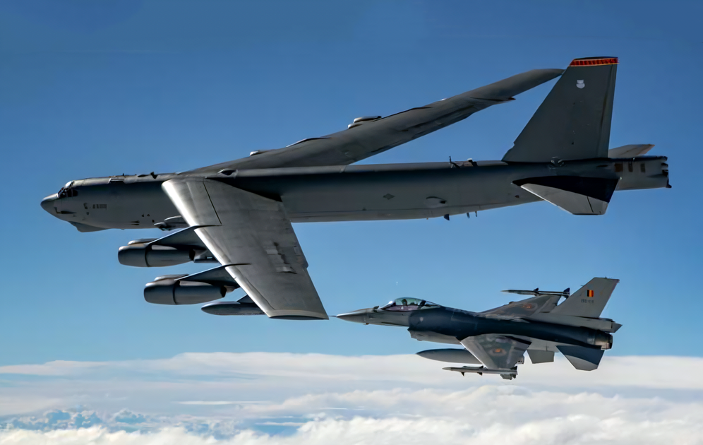 B-52 and F-16 in formation over Europe