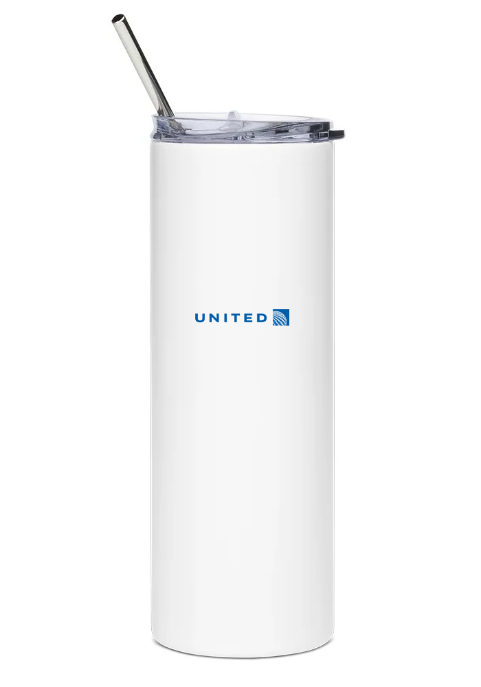 back of United Airlines Boeing 737 MAX water tumbler