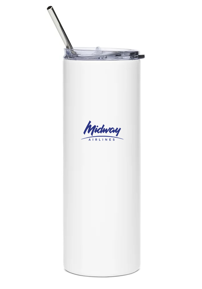 back of Midway Airlines Boeing 737NG water bottle