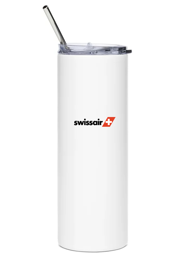 back of Swissair Boeing 747 water bottle