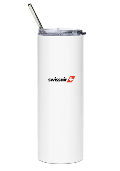 back of Swissair Boeing 747 water bottle